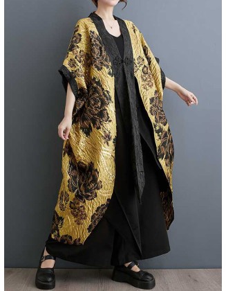 Flower-Embellished Chinese Frog Buttons Pleated Split-Joint Batwing Sleeves Loose V-Neck Outerwear