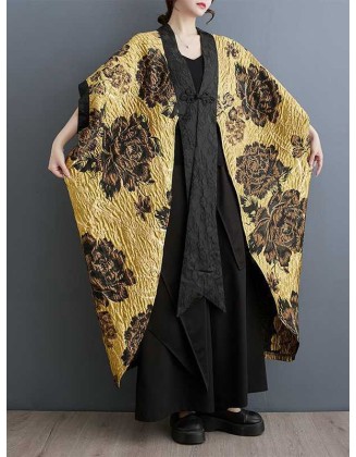 Flower-Embellished Chinese Frog Buttons Pleated Split-Joint Batwing Sleeves Loose V-Neck Outerwear