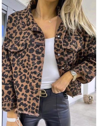 Buttoned Fringed Leopard Pockets Long Sleeves Loose Lapel Outerwear