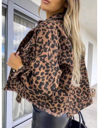 Buttoned Fringed Leopard Pockets Long Sleeves Loose Lapel Outerwear