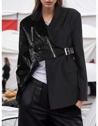 Asymmetric Solid Color Split-Joint Zipper Irregularity Long Sleeves Notched Collar Outerwear Blazer