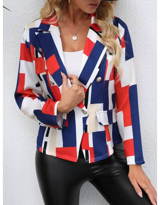 Buttoned Pockets Printed Long Sleeves Loose Notched Collar Outerwear Blazer