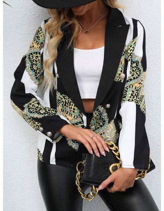 Buttoned Pockets Printed Long Sleeves Loose Notched Collar Outerwear Blazer