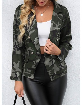 Buttoned Camouflage Pockets Long Sleeves Loose Notched Collar Outerwear Blazer