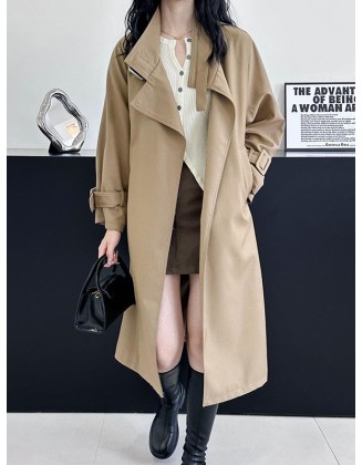 Buckle Pockets Solid Color Split-Back Tied Waist Long Sleeves Loose Lapel Trench Coats