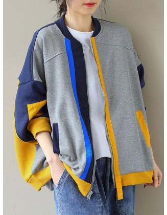 Casual Loose Contrast Color Split-Joint Stand Collar Long Sleeves Outwear