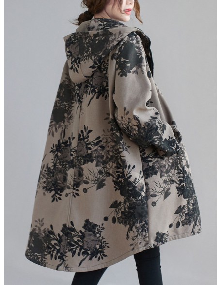 Artistic Retro Loose Floral Printed Hooded Long Sleeves Outwear