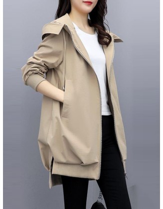 Casual Loose 4 Colors Pleated Zipper Hooded Long Sleeves Outwear