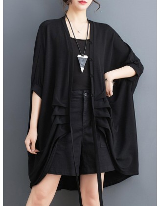 Drawstring Solid Color Half Sleeves Irregular Clipping V-Neck Outerwear