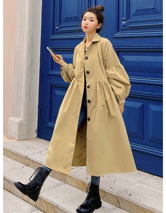 Casual Lose Tied Buttoned High-Waist Notched Collar Long Bishop Sleeves Trench Coat