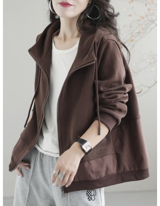 Artistic Retro Loose Long Sleeves Solid Color Zipper Hooded Outerwear