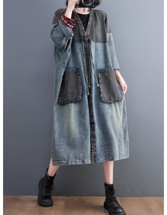 Artistic Retro Denim Long Sleeves Loose Tied Split-Joint Trench Outerwear