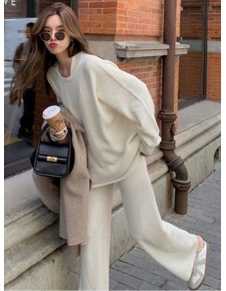 Casual Loose Solid Color Round-Neck Sweater Tops & Wide Leg Pants Suits