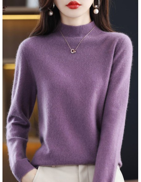 Office Long Sleeves Solid Color High-Neck Sweater Tops Pullovers