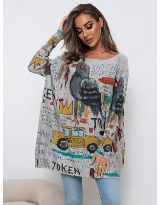 Cartoon Printed Contrast Color Long Sleeves Loose Round-neck Sweater Tops