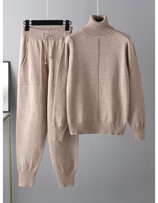 Casual Solid Long Sleeves High-Neck Sweater Tops & Drawstring Wide Leg Pants Suits