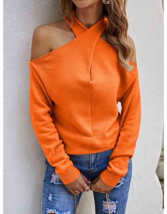 Casual Long Sleeves Solid Color Halter-Neck Sweater Tops