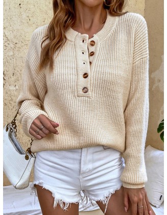 Casual Long Sleeves Solid Color Round-Neck Sweater Tops