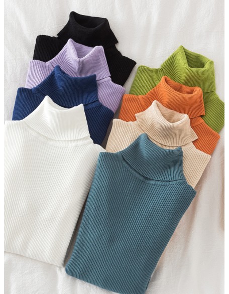 Simple Skinny Solid Color High-Neck Sweater Tops