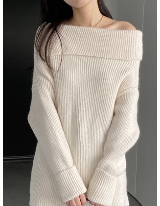 Solid Color Long Sleeves Loose Off-the-shoulder Sweater Pullovers Knitwear