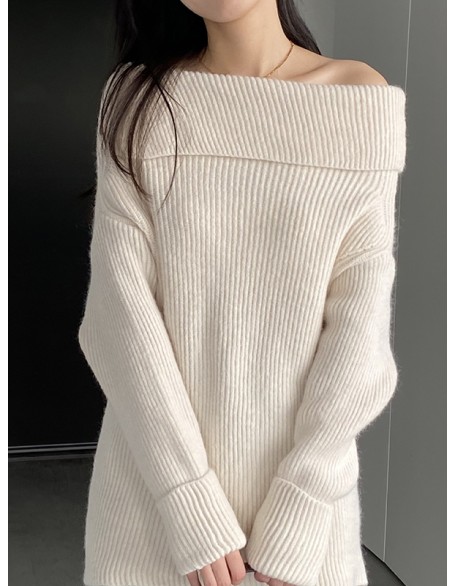 Solid Color Long Sleeves Loose Off-the-shoulder Sweater Pullovers Knitwear