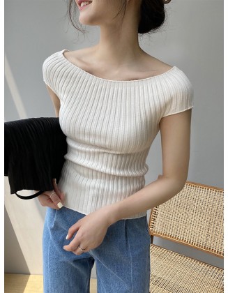 Solid Color Short Sleeves Skinny Boat Neck Sweater Pullovers Knitwear