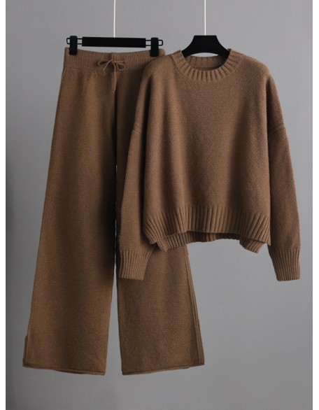 Urban Loose Long Sleeves Solid Color Round-Neck High-Low Sweater Tops & Wide Leg Pants Suits