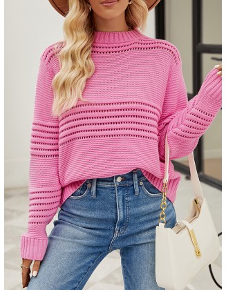 Hollow Solid Color Long Sleeves Loose Round-Neck Sweater Tops Pullovers Knitwear