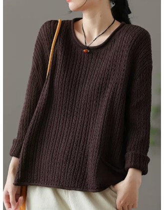 Artistic Retro Loose Long Sleeves Jacquard Solid Color Round-Neck Sweater Tops