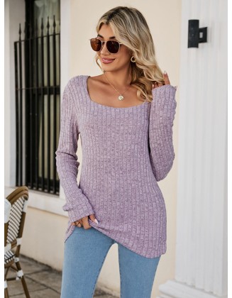 Casual Long Sleeves Skinny Solid Color Square-Neck Sweater Tops