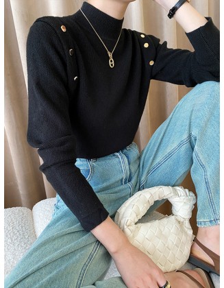 Buttoned Split-Joint Long Sleeves High-Neck Sweater Tops