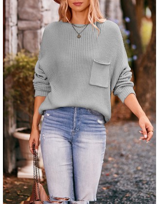 Hollow Pockets Solid Color Batwing Sleeves Long Sleeves Round-Neck Sweater Tops Pullovers Knitwear