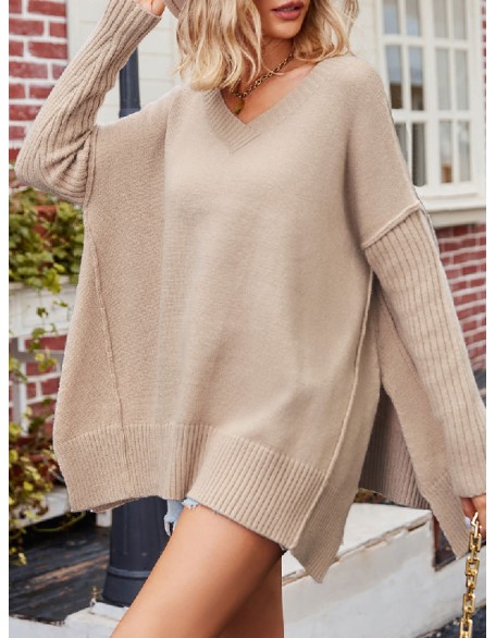 Solid Color Split-Side Batwing Sleeves Long Sleeves V-Neck Sweater Tops Pullovers Knitwear