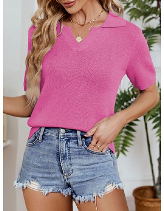 Solid Color Short Sleeves V-Neck Pullovers Knitwear