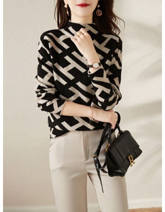 Original Skinny Long Sleeves Contrast Color Jacquard High-Neck Sweater Tops