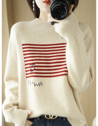 Casual Loose Long Sleeves Striped Round-Neck Sweater Tops