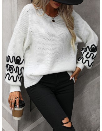 Hollow Long Sleeves Loose Round-Neck Sweater Tops Pullovers Knitwear