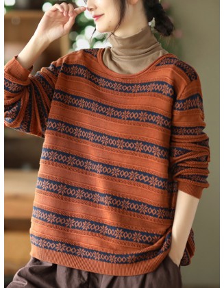 Artistic Retro Loose Long Sleeves Jacquard Round-Neck Sweater Tops