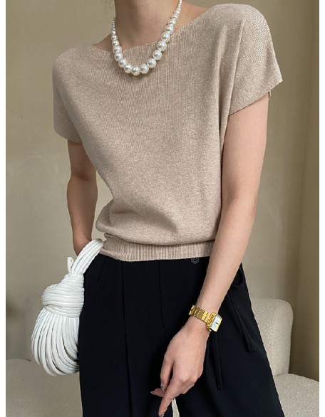 Stylish Loose Solid Color Boat Neck Knitwear Pullovers Tops