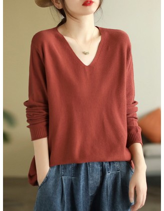 Solid Color Long Sleeves Loose V-Neck Sweater Tops