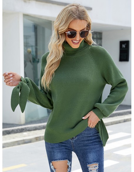 Loose Long Sleeves Solid Color High-Neck Sweater Tops