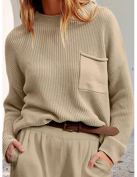 Pockets Solid Color Long Sleeves Loose Round-Neck Sweater Tops Pullovers Knitwear