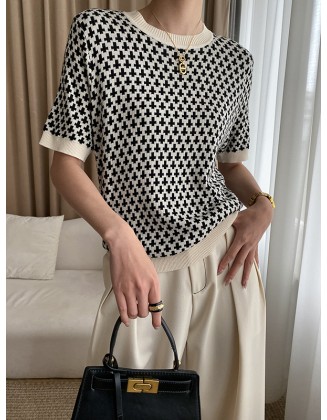 Houndstooth Half Sleeves Round-Neck Sweater Tops