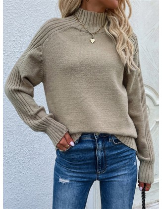 Stylish Long Sleeves Loose Solid Color High-Neck Sweater Tops