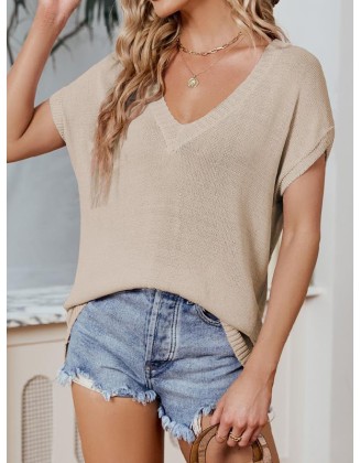 Solid Color Batwing Sleeves Loose V-Neck Pullovers