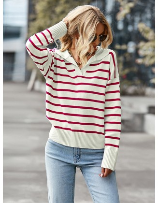 Casual Loose Striped Polo Sweater Top