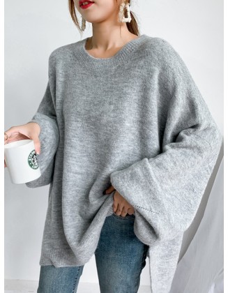 Stretch Mohair-Blend Balloon Sleeves Loose Solid Round-Neck Sweater Tops