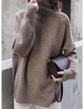 Casual Loose Long Sleeves Solid Color High-Neck Sweater Tops