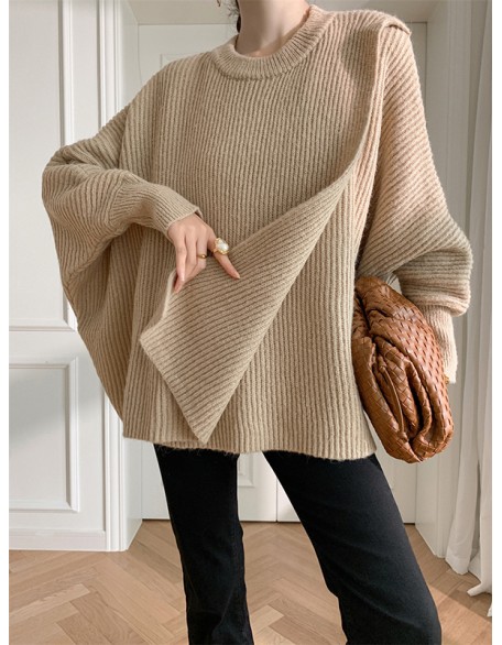 Irregularity Loose Solid Color Batwing Sleeves Round-Neck Sweater Tops