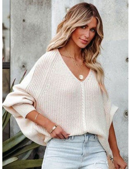 Loose Batwing Sleeves Twist Solid Color V-Neck Sweater Tops